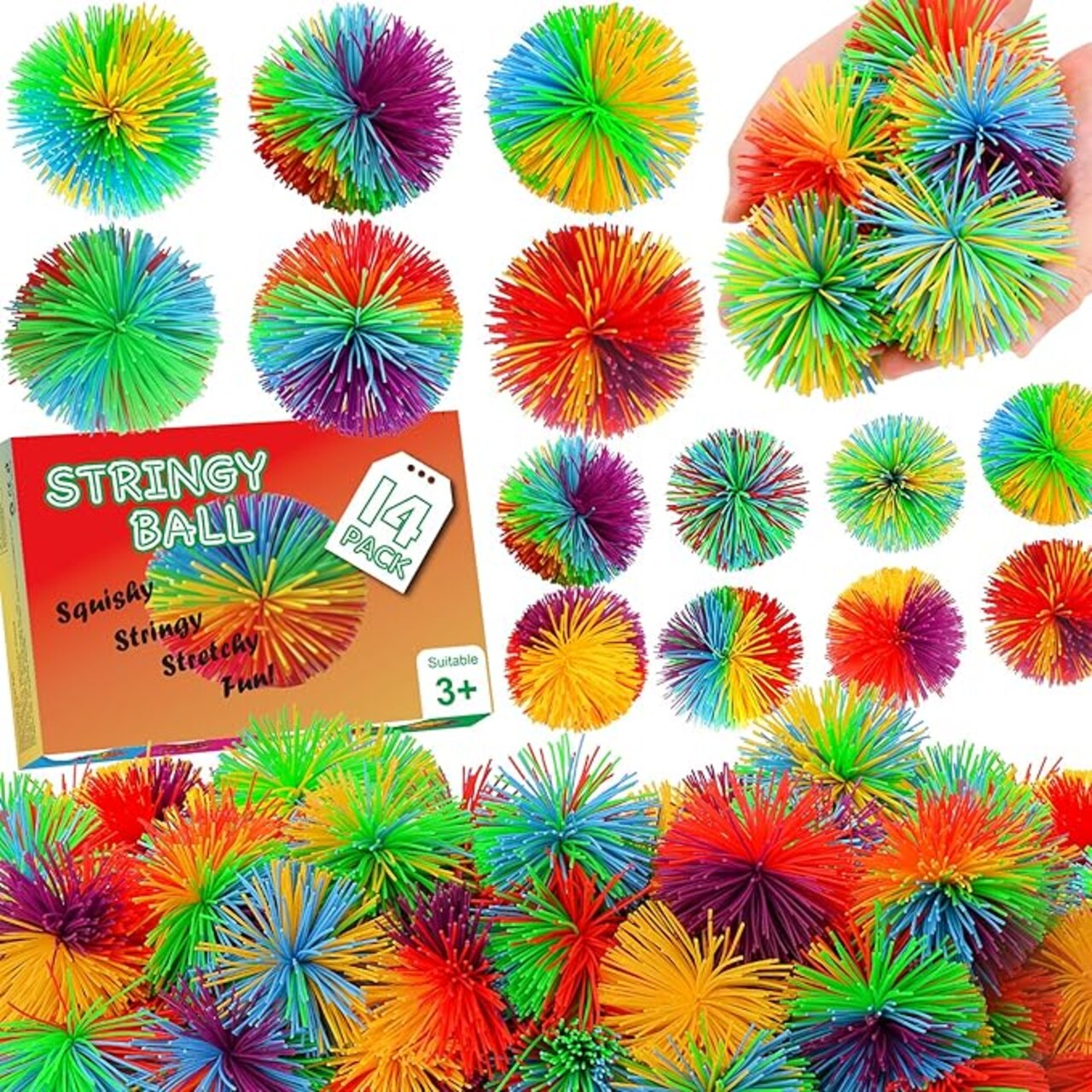 14 PCS Stringy Balls, Sensory Stringy Ball, 2.75 inch Soft Rainbow Pom Bouncy, Basket Stuffers Fillers, Monkey Pom Balls Fidget Toys Stress Ball, Party Favors Birthday Gifts (Multi-Color)